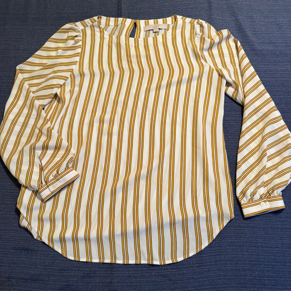 LOFT Womens Small Mustard Yellow‎ White Striped Long Sleeve Blouse Keyhole Back
